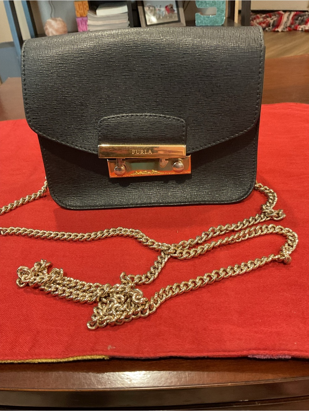 Furla Black Saffiano Crossbody with Gold Chain Strap